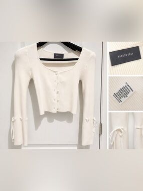 Hudson Gray Ribbed Scoop Neck Button Cardigan - Cream